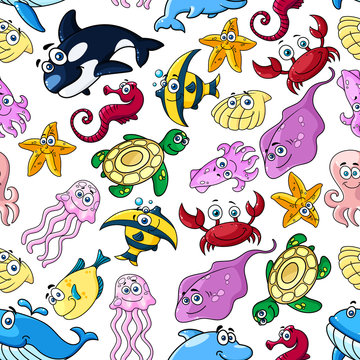 Seamless pattern with underwater fishes and dolphin, blue whale and crab, starfish and turtle, jellyfish and killer whale, squid and seahorse, stingray and sea shells characters on white background