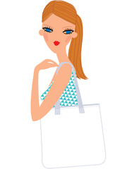 A girl holding on the shoulder white eco bag. Vector illustration
