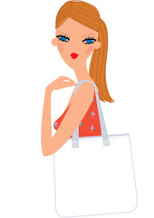 A beautiful woman holding shoulder white bag. 