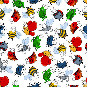 Colorful seamless pattern with funny butterflies and bees, ladybugs and spotted caterpillars, fluffy spiders and mosquitoes, flies and grasshoppers insects