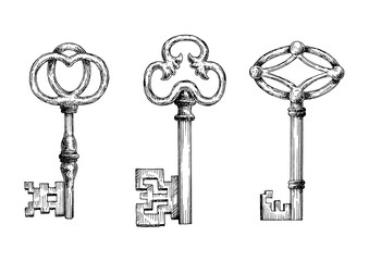 Engraving sketches of medieval keys for security theme, tattoo or victorian stylized embellishment design