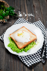 Fototapeta na wymiar breakfast or lunch , poached egg and white toast , lettuce , herbs, salt and spices on a wooden background