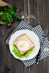 breakfast or lunch , poached egg and white toast , lettuce , herbs, salt and spices on a wooden background