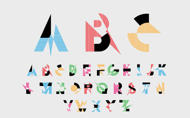 Black alphabetic fonts  with color lines. Vector illustration.