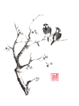 Tow birds on tree original sumi-e ink painting. 