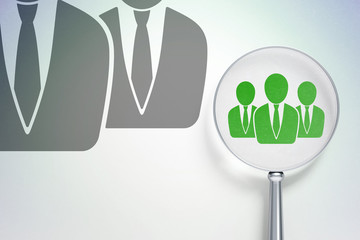 Advertising concept:  Business People with optical glass on digital background