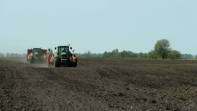 Potato tubers planting by using modern agricultural machinery
