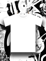 Close-up of one hanged blank T-shirt silhouette frame with pegs against black and white abstract illustration background