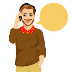 young hipster man talking on the mobile phone with a speech bubble