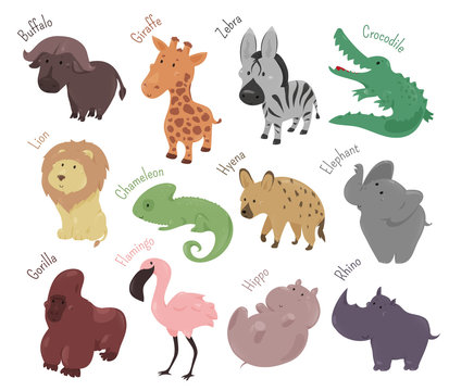Set of cute cartoon animals. Funny savannah