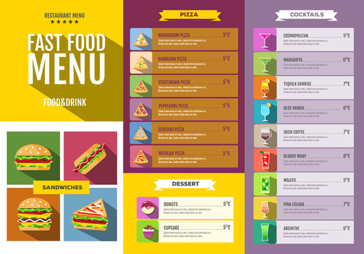 Fast food menu. Set of food and drinks icons. Flat style design.