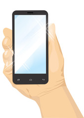 male hand holding a black vertical smartphone