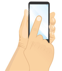 male hand holding a black vertical smartphone touching blue screen with his finger