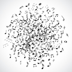 Abstract musical dot with black notes on white background. 