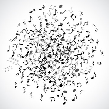 Abstract musical dot with black notes on white background. 