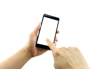 Man's left hand holding a black 5.5 inches touchscreen smartphone while the right hand is touching and making a selection of something on the blank screen. Isolated on white background.