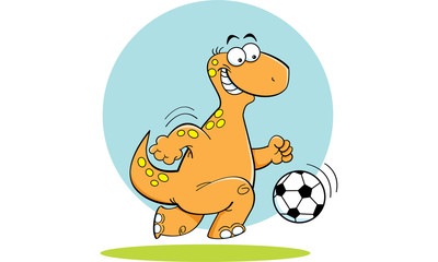 Cartoon illustration of a dinosaur playing soccer.