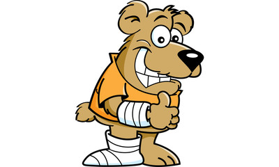 Cartoon illustration of a bear with a cast on his arm and leg.