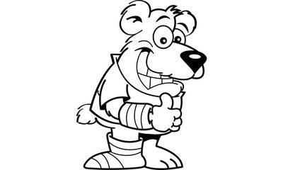 Black and white illustration of a bear with a cast on his arm and leg.