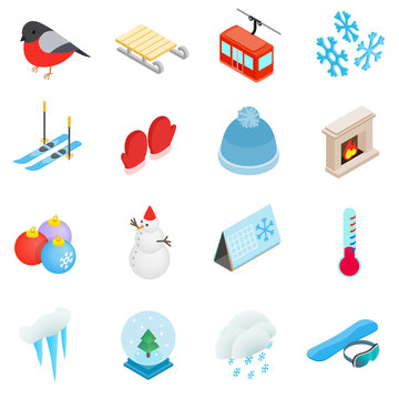 Winter elements icons set, isometric 3d style 
