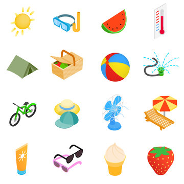 Summer Elements Icons Set, Isometric 3d Style