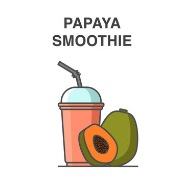 Papaya smoothie in a cup with straw vector illustration. Healthy fruit smoothie collection.