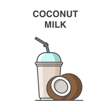 Coconut milk in a cup with straw vector illustration. Healthy fruit smoothie collection.