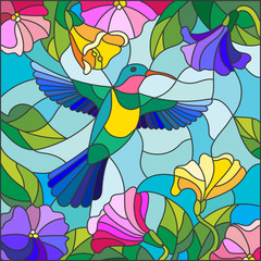 Naklejki  Ilustracja w stylu witrażu z kolorowym kolibrem na tle nieba, zieleni i kwiatów