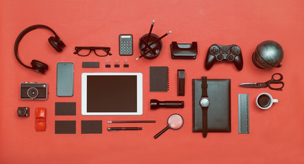 Black items on red. Social media hero header
