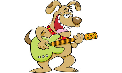 Cartoon illustration of a dog playing a guitar.