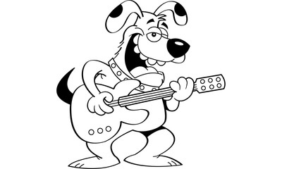 Black and white illustration of a dog playing a guitar.