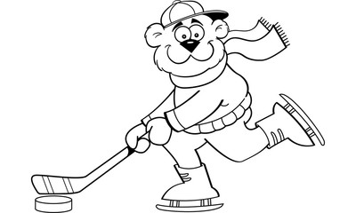 Black and white illustration of a bear playing hockey.