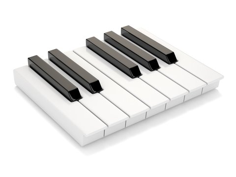 Black and white piano keys. One octave. 3D render illustration isolated on white background
