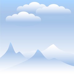 Bright sky and mountains background. Blue and white clouds and mountain on blue sky. Vector, design element