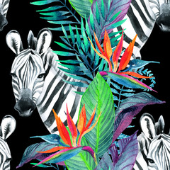 Tropical jungle seamless pattern. Floral design with zebra on white background.