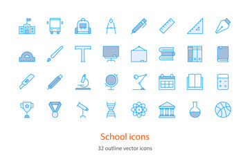 Set of vector School Education thin line icons. Blue color.