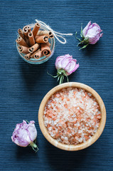 Aromatic bath salt, cinnamon and dried flowers