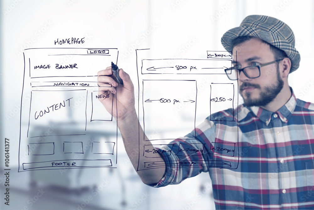 Poster web designer drawing website development wireframe