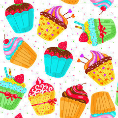 Seamless pattern with cupcakes. Hand drawn vector illustration.