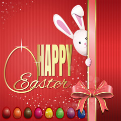 Beautiful festive background with pink ribbon, bow, Easter bunny and colorful Easter eggs. Happy Easter. Gold lettering on a red festive background. Easter greeting card. Vector illustration