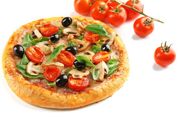 Delicious tasty pizza with vegetables, isolated on white