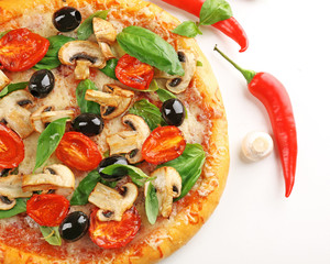 Delicious tasty pizza with vegetables, isolated on white