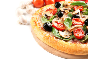 Delicious tasty pizza with vegetables on light background
