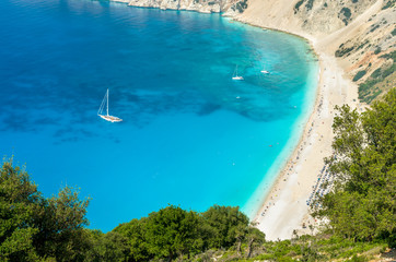 Fototapeta na wymiar Myrtos beach, Kefalonia island, Greece. Beautiful view of Mirtos bay and beach on Kefalonia island