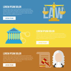 Legal law concept banners. Legal vector. Law flat banners. Legal flat lawyer. Honest lawyer. Collection of law banners for web with buttons. Trial and gavel elements