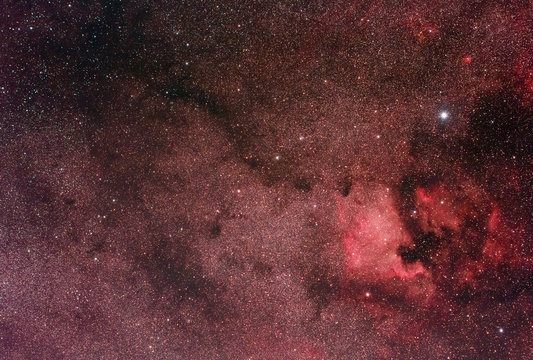 North America Nebula (NGC7000) connected to a large molecular cloud by a trace of smaller clouds.