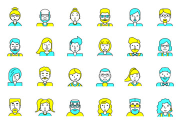 Set of avatars. Flat style. Line colorful icons collection of people for profile page, social network, social media, website and mobile website apps. different age, professional human occupation.