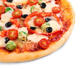 Delicious pizza with cheese and vegetables isolated on white