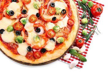 Delicious pizza with cheese and vegetables isolated on white