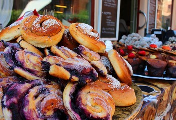 Fresh cakes and pastries outside a bakery in Gothenburg, Sweden